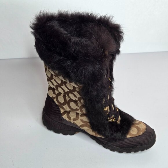 Coach Jennie Brown Khaki Signature Genuine Rabbit Fur Lace Up Boots Sz 6.5 Q522 - Picture 1 of 10